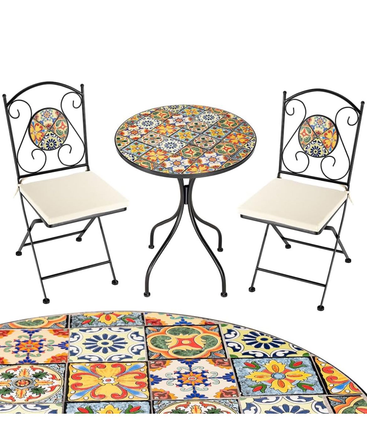 SET TAVOLO 60X70CM + 2 SEDIE PIEGHEVOLI IN FERRO E CEMENTO