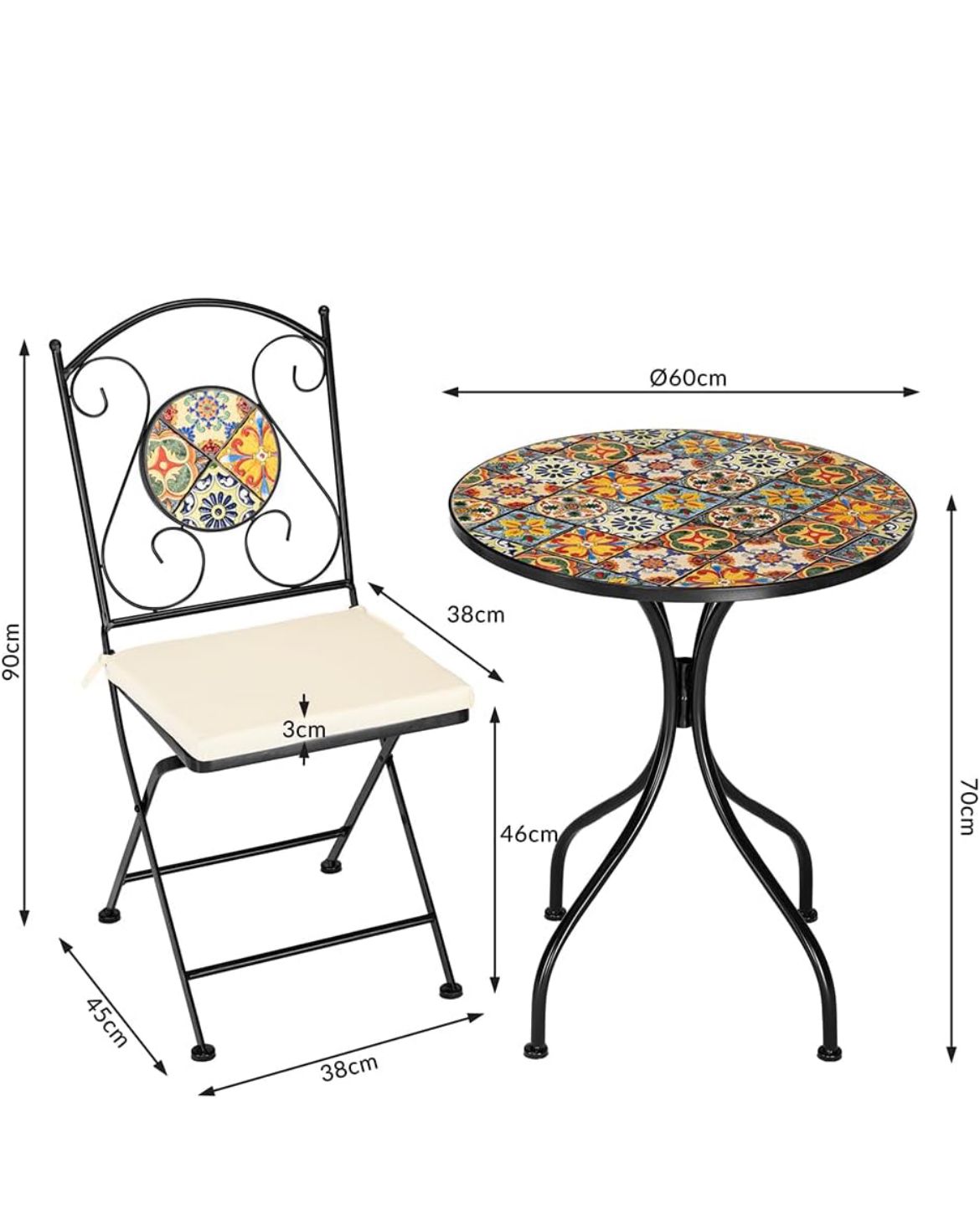 SET TAVOLO 60X70CM + 2 SEDIE PIEGHEVOLI IN FERRO E CEMENTO